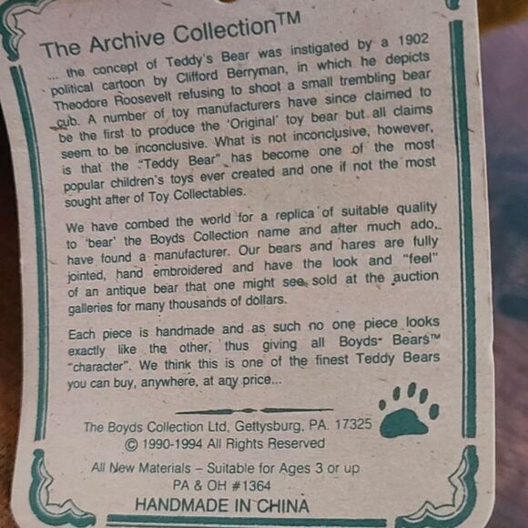 Vintage Boyd's Bear Arlo (early 1990's) Approx 10" Jpinted - Picture 5 of 6